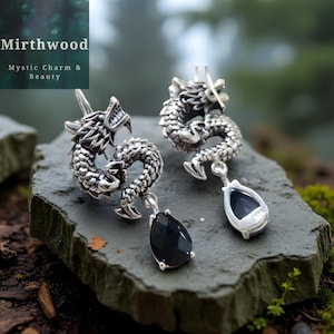Silver Chinese Dragon Drop Dangle Earrings, 925 Sterling Silver Gothic Style Dragon Jewellery For Her, Vintage Style Nordic Mythical Dragons