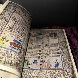 May include: An open book featuring illuminated manuscript pages with dense black gothic text, colorful hand-painted illustrations of buildings, trees, and figures in blue, red, and gold, surrounded by intricate floral and vine border patterns.
