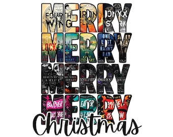 May include: A graphic design featuring the word "MERRY" stacked multiple times, with the word "Christmas" below. Each letter of "MERRY" is filled with book covers. The books include titles like "Fourth Wing", "Iron Flame", and "Onyx Storm".