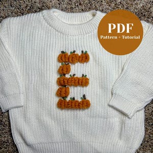 Könnte beinhalten: Ein weißer, langärmeliger Strickpullover mit einem großen Buchstaben E, der aus kleinen orangefarbenen Kürbisapplikationen mit grünen Stielen besteht. Ein brauner Kreis oben rechts enthält den weißen Text PDF Pattern + Tutorial.