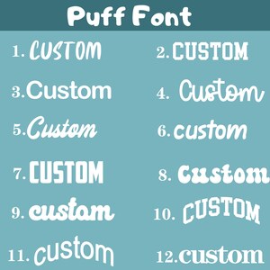 May include: Image showcasing various white "CUSTOM" and "custom" text examples in different font styles, set against a teal background. The text is arranged in a grid, demonstrating font options for design projects.