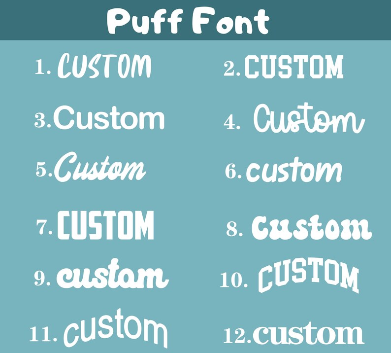 May include: Image showcasing various white "CUSTOM" and "custom" text examples in different font styles, set against a teal background. The text is arranged in a grid, demonstrating font options for design projects.