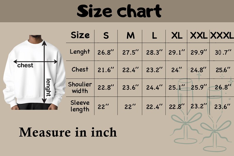 May include: A size chart for a sweatshirt, with measurements in inches. The chart includes sizes S to XXXL, detailing length, chest, shoulder width, and sleeve length. A white sweatshirt is shown for reference.