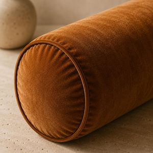 May include: A cylindrical bolster pillow covered in a rich, burnt orange velvet fabric. The pillow features a circular end panel with gathered fabric detailing and a matching velvet piping trim that runs along the edge of the circular face.
