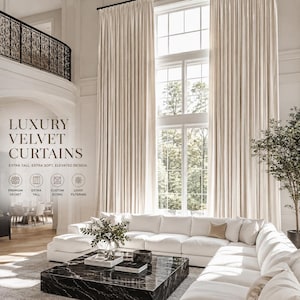 May include: Floor-to-ceiling cream-colored velvet curtains hanging in a tall windowed room. Text on the image reads: LUXURY VELVET CURTAINS, EXTRA TALL, EXTRA SOFT, ELEVATED DESIGN, PREMIUM VELVET, EXTRA TALL, CUSTOM SIZING, LIGHT FILTERING.