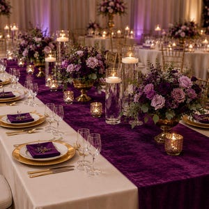 Op de afbeelding: Een lange eettafel gedekt voor een formeel evenement met een dieppaarse fluwelen tafelloper, borden met gouden rand, paarse servetten en gouden bestek. Het middelpunt bestaat uit bloemstukken van paarse en roze rozen in gouden schalen.