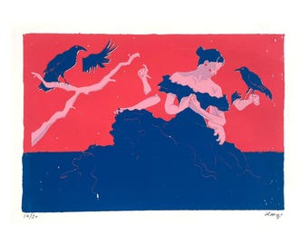 May include: A print featuring a woman in a dark blue dress with two crows. One crow perches on a branch, the other on the woman's arm. The background is red above blue. The print is numbered 19/20.