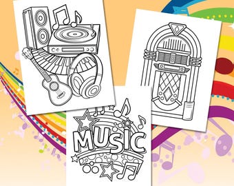 Målarbilder med musik, set med 3 teckningar, noter, instrument, jukebox och noter, målarbilder för barn och vuxna. Musikmålarbilder.