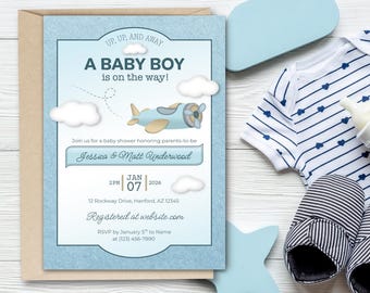 Inbjudan till babyshower med ballong, pojkemotiv, blått flygplan, 5x7, digital nedladdning, redigerbar mall, leksaksplanstema