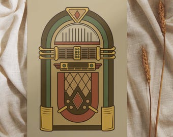 Vintage Jukebox-affisch 16"x20" musikaffisch väggdekor digitaltryck grön brun guld jukebox musikrumskonst nedladdningsbar affischdekoration