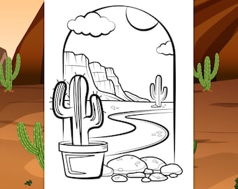 Målarbild för kaktusöken, Letter-storlek 8,5x11, landskapsmålarbild med berg och stenar, krukväxtkaktus, nedladdningsbar målarbild att skriva ut