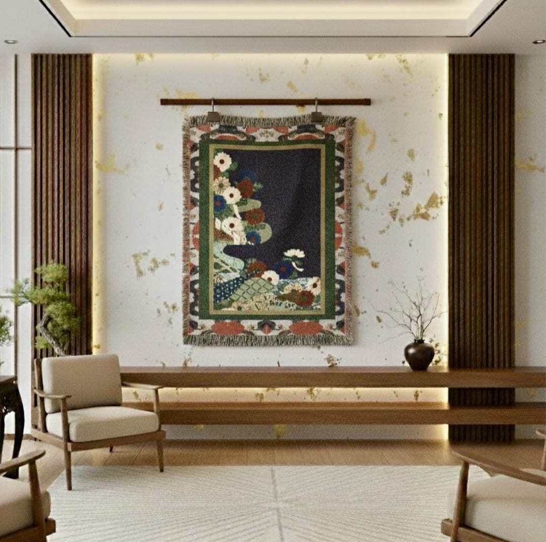 Japanese Pattern Throw Japanese Floral Pattern Woven Blanket - Soft Throw for Home Decor ...
