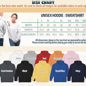 Peut inclure: Un tableau des tailles pour les sweats &agrave; capuche et sweatshirts unisexes, avec des mesures en pouces. Le tableau comprend la largeur, la longueur et la longueur des manches pour les tailles S &agrave; 5XL. Les couleurs disponibles sont affich&eacute;es.