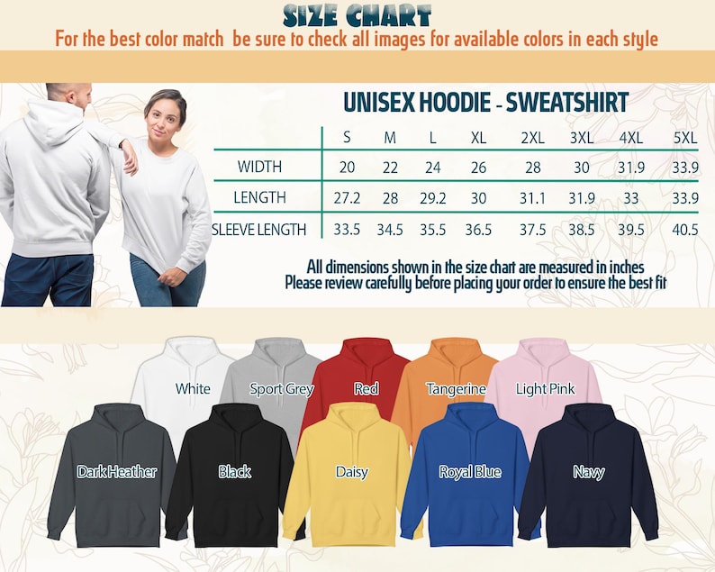 Peut inclure: Un tableau des tailles pour les sweats &agrave; capuche et sweatshirts unisexes, avec des mesures en pouces. Le tableau comprend la largeur, la longueur et la longueur des manches pour les tailles S &agrave; 5XL. Les couleurs disponibles sont affich&eacute;es.