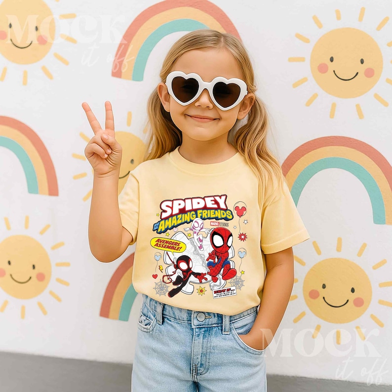 Puede incluir: Una ni&ntilde;a con gafas de sol en forma de coraz&oacute;n y una camiseta amarilla con el texto "Spidey and His Amazing Friends" y gr&aacute;ficos de dibujos animados de Spider-Man y otros personajes. Est&aacute; haciendo el signo de la paz.