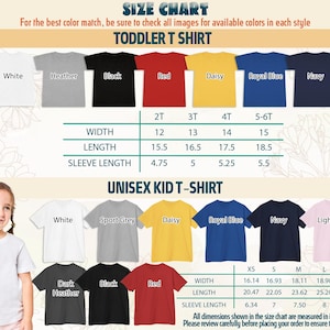 Puede incluir: Tabla de tallas para camisetas de ni&ntilde;o y unisex, con medidas en pulgadas. Colores: blanco, gris, negro, rojo, amarillo, azul real y marino. La tabla proporciona ancho, largo y largo de manga.