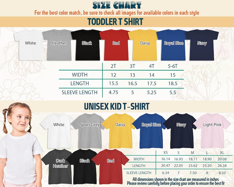 Puede incluir: Tabla de tallas para camisetas de ni&ntilde;o y unisex, con medidas en pulgadas. Colores: blanco, gris, negro, rojo, amarillo, azul real y marino. La tabla proporciona ancho, largo y largo de manga.