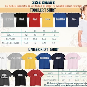May include: Size chart for toddler and unisex kid t-shirts. Colors include white, heather, black, red, daisy, royal blue, and navy. Measurements are in inches: width, length, and sleeve length. Sizes range from 2T to XL.