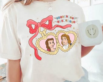 Camiseta infantil de La Bella y la Bestia de Disney, medallón del Castillo de Walt Disney, camiseta corta con lazo de Disney Coquette, princesa Bella Coquette, camiseta femenina