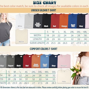 Pode incluir: Tabela de tamanhos para camisetas Unisex Gildan e Comfort Colors. Inclui amostras de cores e medidas em polegadas para largura, comprimento e comprimento da manga. A tabela mostra tamanhos de S a 5XL.