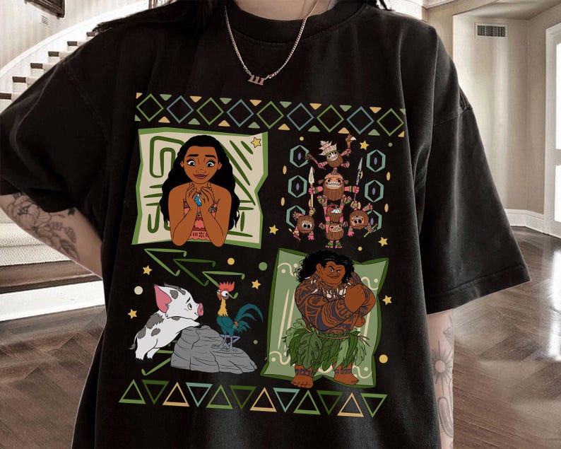 May include: Black t-shirt featuring colorful cartoon graphics of characters from a popular animated movie. The design includes images of a woman, a pig, a rooster, and a muscular man, all set against a geometric background.
