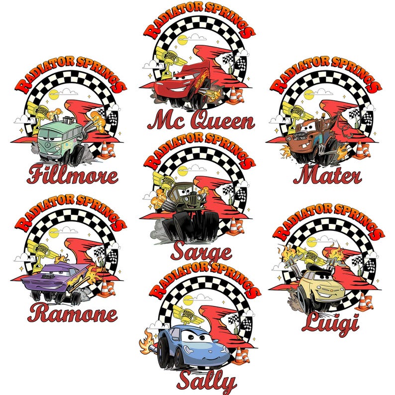 Pode incluir: Gr&aacute;fico com sete carros de desenho animado do filme Carros, cada um dentro de um c&iacute;rculo com o texto "Radiator Springs". Os personagens incluem Mc Queen, Fillmore, Mater, Sarge, Ramone, Luigi e Sally, com bandeiras de corrida e chamas.