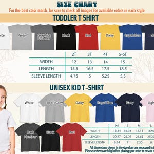 May include: Size chart for toddler and unisex kid t-shirts. Colors include white, grey, black, red, and blue. Measurements are in inches, with width, length, and sleeve length provided for each size. Review the chart before ordering.