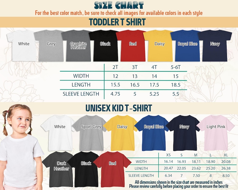 May include: Size chart for toddler and unisex kid t-shirts. Colors include white, grey, black, red, and blue. Measurements are in inches, with width, length, and sleeve length provided for each size. Review the chart before ordering.
