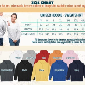 Puede incluir: Imagen de un cuadro de tallas para sudaderas con capucha unisex. El cuadro muestra medidas en pulgadas para el ancho, largo y largo de manga, desde la talla S hasta la 5XL. La imagen tambi&eacute;n muestra varios colores de sudaderas con capucha, incluyendo blanco, negro y azul marino.