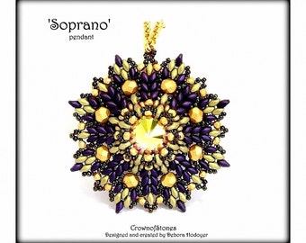 Bead pattern beaded Pendant 'Soprano' made with seed beads, Rivoli, Superduo beads and fire polished rounds