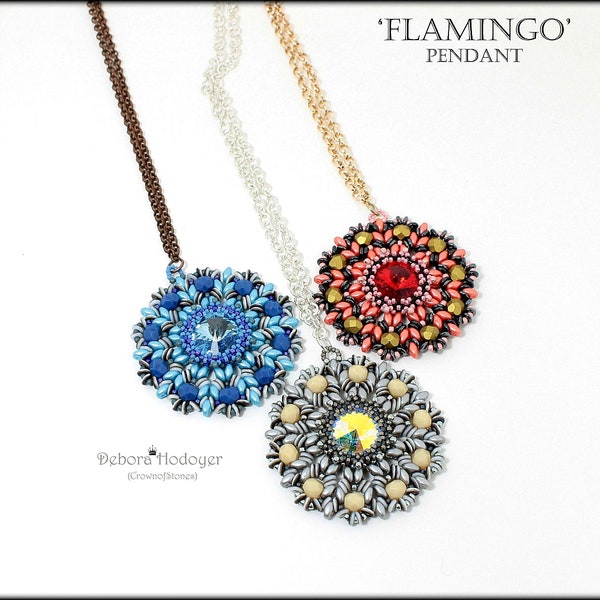 Bead pattern beaded pendant Flamingo made with seed beads, delicas, Superduos, O beads, fire polished rounds and crystal components