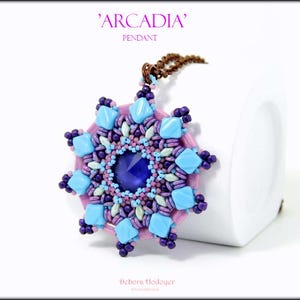 Schema tutorial DIY ciondolo Arcadia con rocailles, Silky, Superduo, O beads, Rivoli e Tila Miyuki