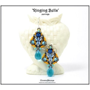 May include: A pair of beaded earrings with the text "Ringing Bells" and "Crown of Stones". The earrings have a geometric design with blue, yellow, and silver beads, and a teardrop-shaped blue pendant.