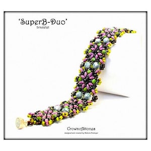 May include: A beaded bracelet with the text "SuperB-Duo" and "bracelet". The bracelet features a floral design with pink, green, yellow, and black beads, interspersed with gray spherical beads. The clasp is gold-toned. The text "CrownofStones" is also visible.