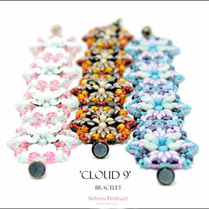May include: Three beaded bracelets in a row, each with a unique color scheme. The bracelets feature a floral design with a magnetic clasp. The colors include pink, white, and green; orange, black, and gold; and blue, purple, and turquoise. The text reads 'CLOUD 9' BRACELET.