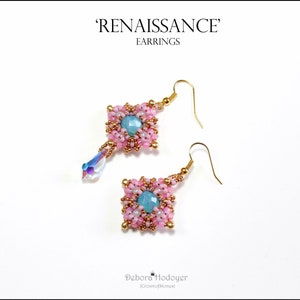 May include: Pink and gold beaded earrings with a square design and a central light blue bead. One earring has a dangling crystal. The earrings are labeled "Renaissance" and are on a white background.