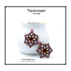May include: A pair of beaded earrings in a starburst design. The earrings feature red, gold, white, and black beads. The text "Hedonism" and "CrownofStones" are visible in the image.