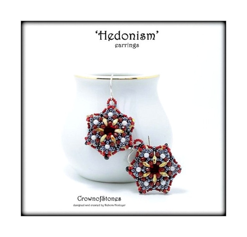 May include: A pair of beaded earrings in a starburst design. The earrings feature red, gold, white, and black beads. The text "Hedonism" and "CrownofStones" are visible in the image.