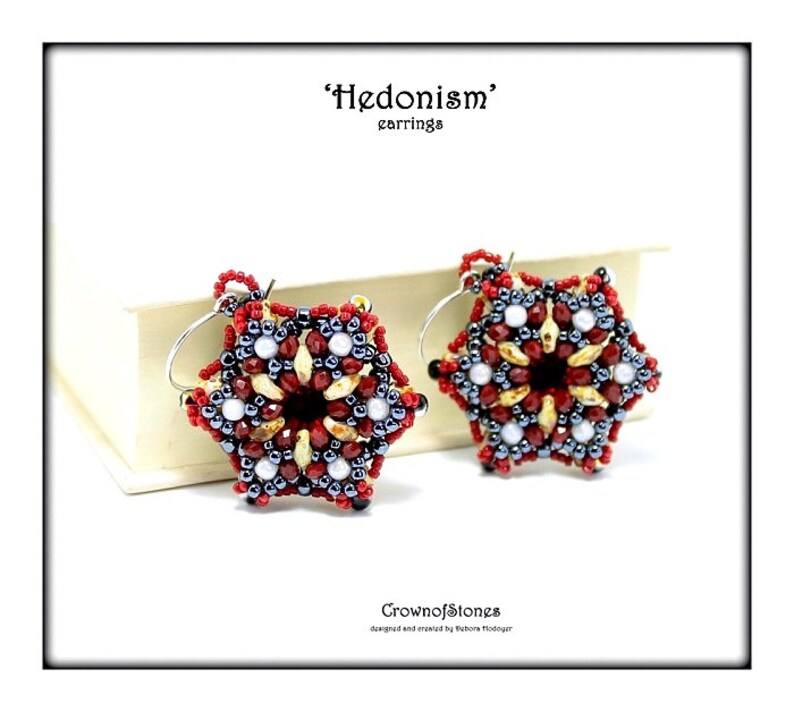 May include: A pair of beaded earrings with a hexagonal design. The earrings feature red, white, and dark gray beads, with a central dark red focal point. The text on the image reads "Hedonism" and "CrownofStones".