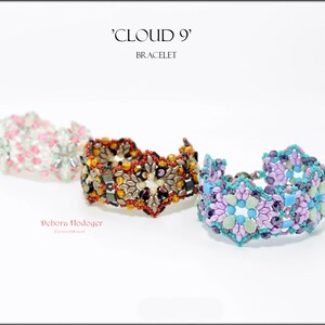 May include: Three beaded bracelets in shades of pink, orange, and blue. The bracelets are intricately designed with floral patterns. The text on the image reads "'CLOUD 9' BRACELET" and the artist's name.