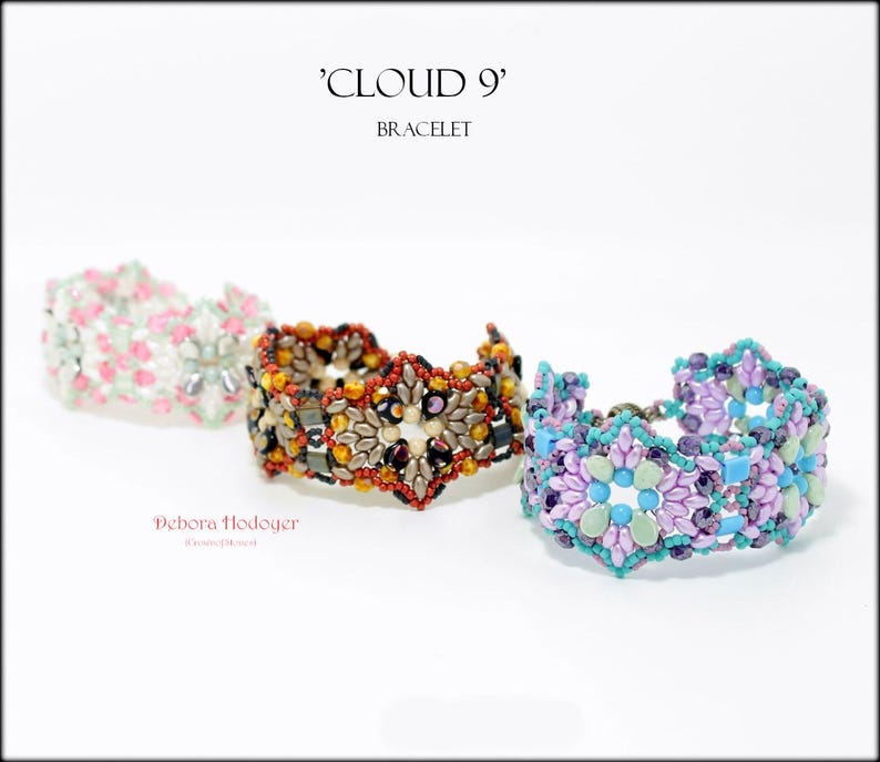 May include: Three beaded bracelets in shades of pink, orange, and blue. The bracelets are intricately designed with floral patterns. The text on the image reads "'CLOUD 9' BRACELET" and the artist's name.