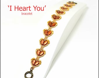 Pärlmönsterarmband "I Heart You" med hjärtan till alla hjärtans dag, tillverkat med tvåhåls Paisley Duo, roskullor och eldpolerad pärla