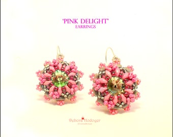 Schema tutorial orecchini "Pink Delight" con rocailles, rivoli, Rulla e Superduo