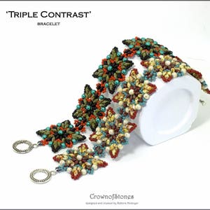 Bead pattern beaded Bracelet Triple-Contrast with Superduo beads, round beads and seed beads