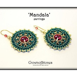 May include: A pair of 'Mandala' earrings. Each earring features a central pink gemstone surrounded by teal and gold beads, creating a circular design. The earrings have gold-colored ear wires and small pink beads.