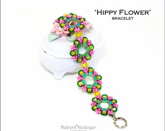 Bead pattern beaded bracelet Hippy Flower made with Miyuki Tila, seed beads, O beads and fire polished beads