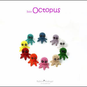 May include: A collection of colorful, beaded baby octopus figurines in a circular arrangement. The octopus toys are in various colors, including red, orange, pink, beige, green, white, purple, blue, and yellow. The word "Baby Octopus" is written in pink above the figurines.