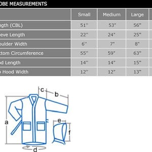 May include: Diagram and measurements for a bathrobe. The chart shows sizes Small to X-Large, with measurements in inches for length, sleeve length, shoulder width, bottom circumference, hood length, and top hood width. A line drawing illustrates the bathrobe.