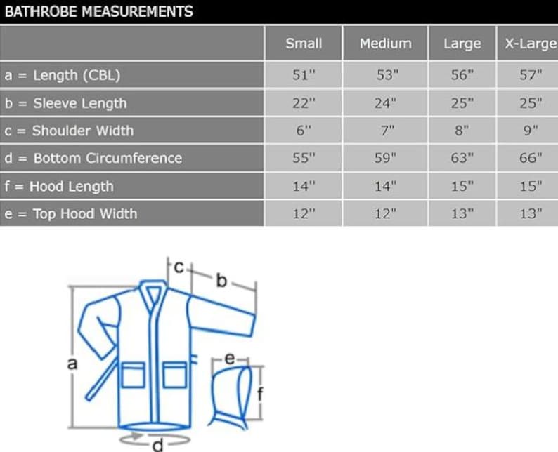 May include: Diagram and measurements for a bathrobe. The chart shows sizes Small to X-Large, with measurements in inches for length, sleeve length, shoulder width, bottom circumference, hood length, and top hood width. A line drawing illustrates the bathrobe.