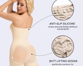 May include: A beige, strapless bodysuit with shorts. The image highlights the anti-slip silicone feature and butt-lifting design. Text on the image reads: "ANTI-SLIP SILICONE move around freely without constraints" and "BUTT LIFTING DESIGN perfectly contour to your curves."